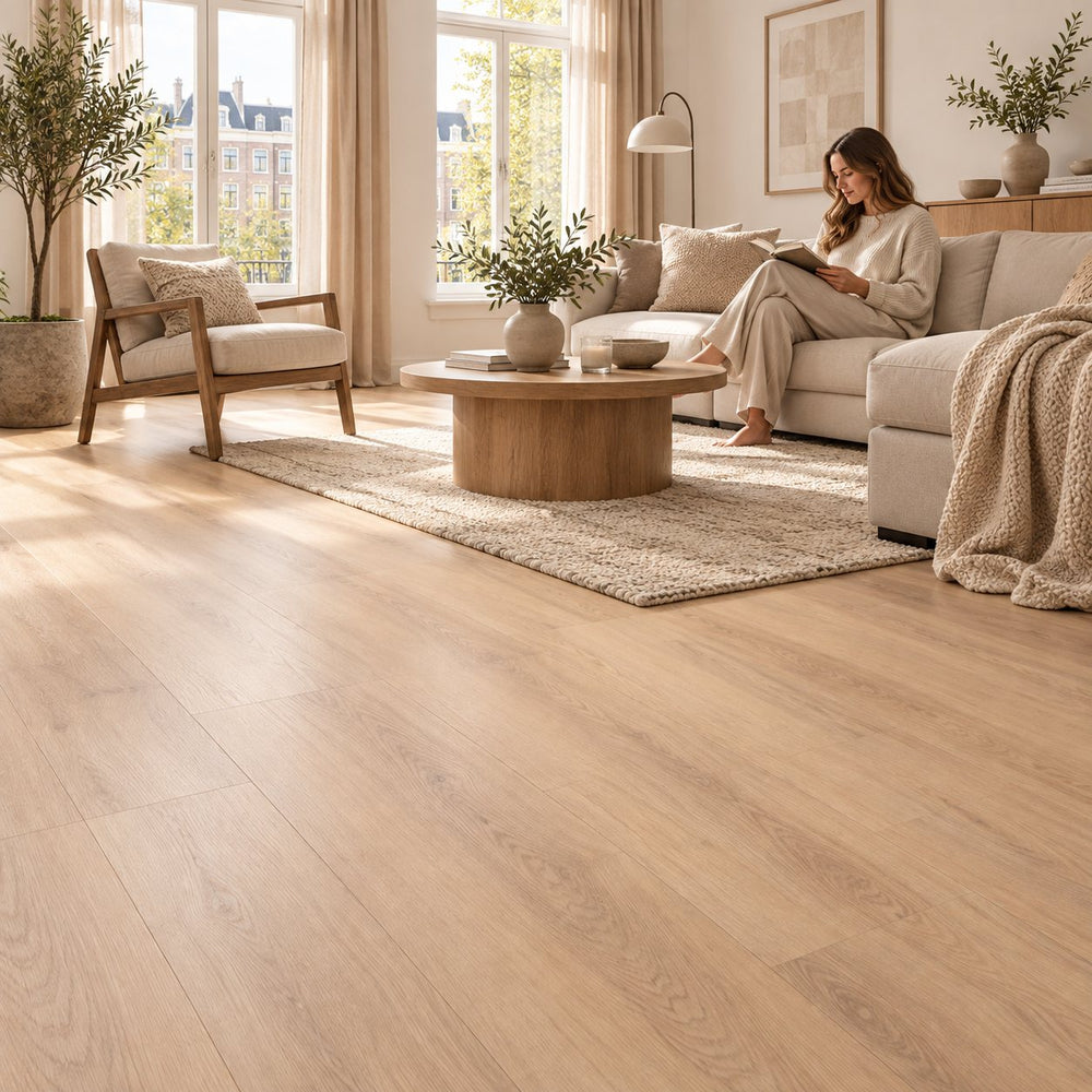 Altessa Rechte Plank Beige Plak PVC – sfeerbeeld: lichte woonkamer met witte bank, vrouw leest