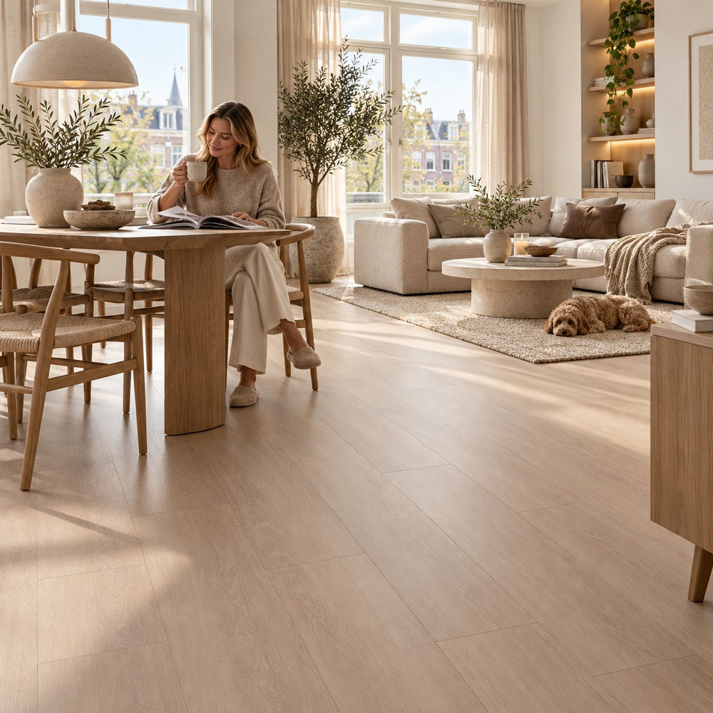 Altessa Rechte Plank Smoky Plak PVC – sfeerbeeld: eethoek met houten tafel, vrouw leest, bank