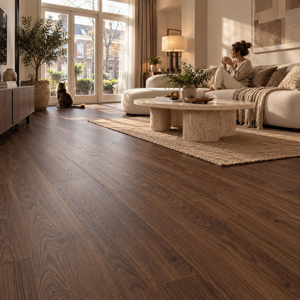 Reverie Rechte Plank Dark Oak Klik PVC in een Nederlands interieur