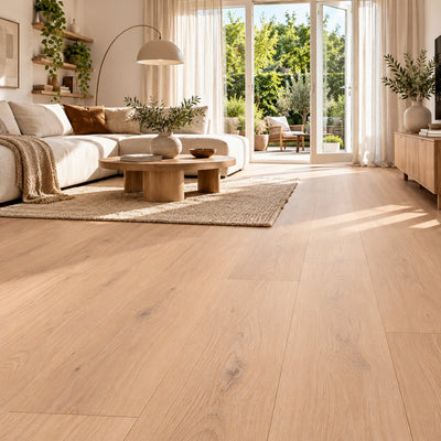 Corvina Perle Ultra Mat Waterbestendig 7.5mm Laminaat – sfeerbeeld: woonkamer met bank en open tuindeuren