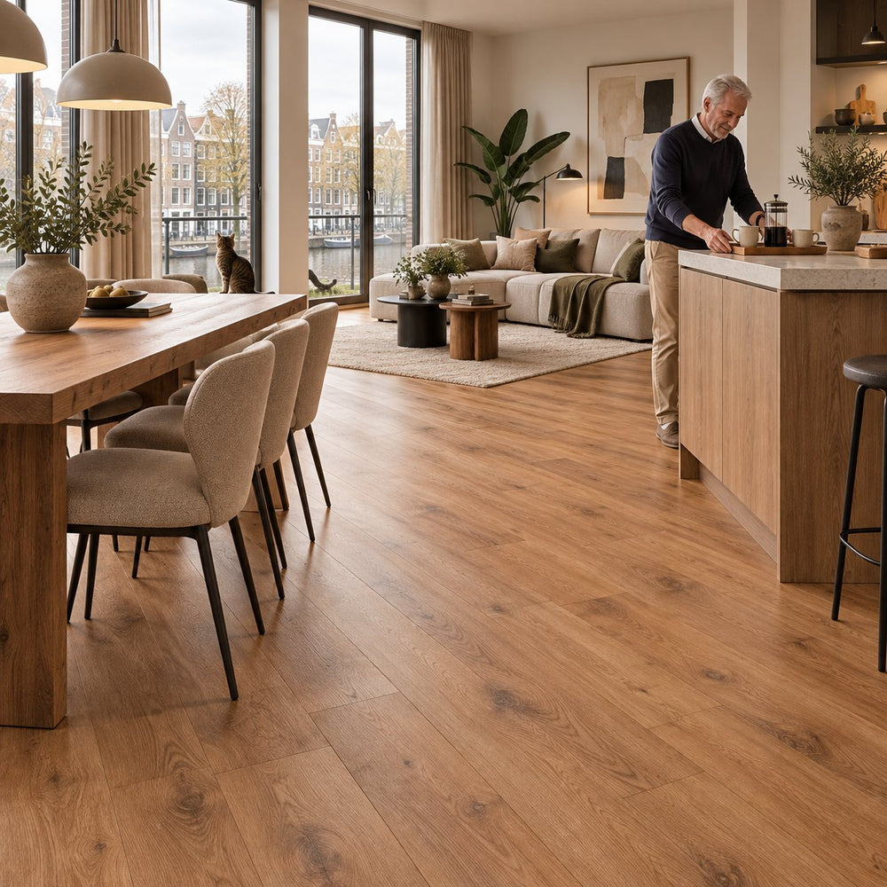 Dunea Rechte Plank Warm Oak Klik PVC – sfeerbeeld: open keuken met eettafel, man bij kookeiland