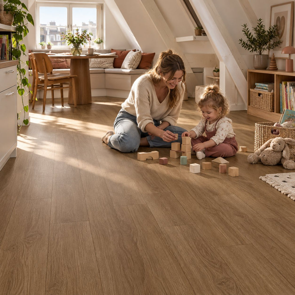 Pera Gerbera Ultra Mat Waterbestendig 8.0mm Laminaat – sfeerbeeld: zolderkamer, moeder en kind spelen met blokken