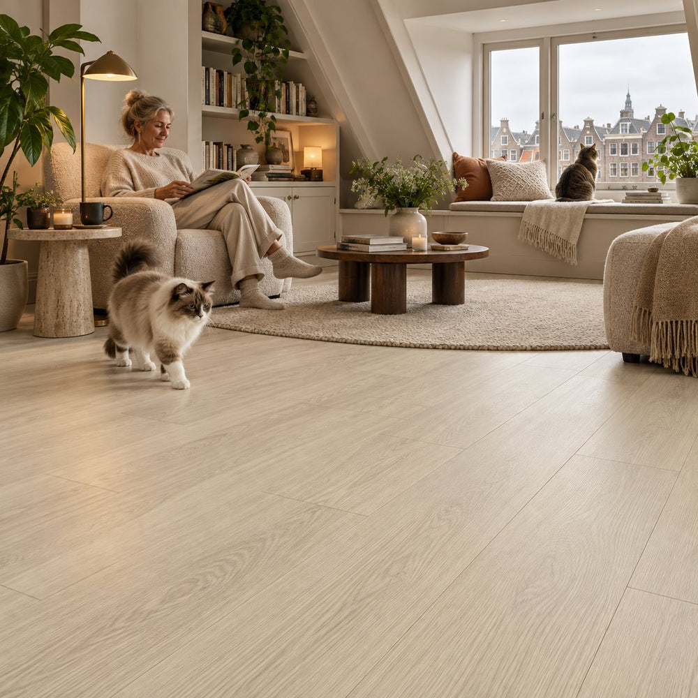 Pera Papatya Ultra Mat Waterbestendig 8.0mm Laminaat – sfeerbeeld: zolderwoonkamer met bank, vrouw leest, katten