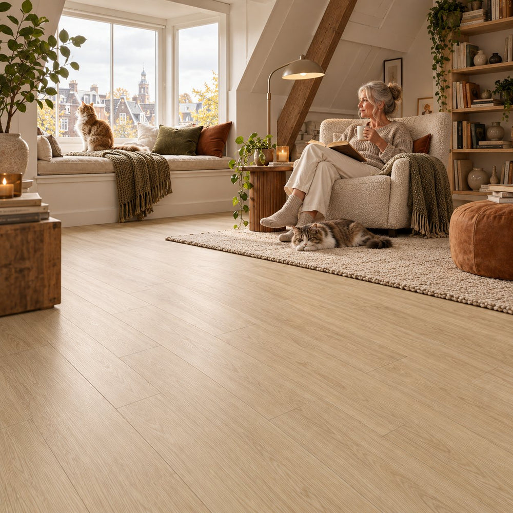 Pera Zambak Ultra Mat Waterbestendig 8.0mm Laminaat – sfeerbeeld: zolderwoonkamer met fauteuil, vrouw leest, katten