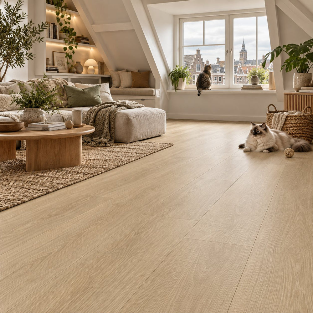 Pera Zambak Ultra Mat Waterbestendig 8.0mm Laminaat – sfeerbeeld: zolderwoonkamer met witte bank en katten