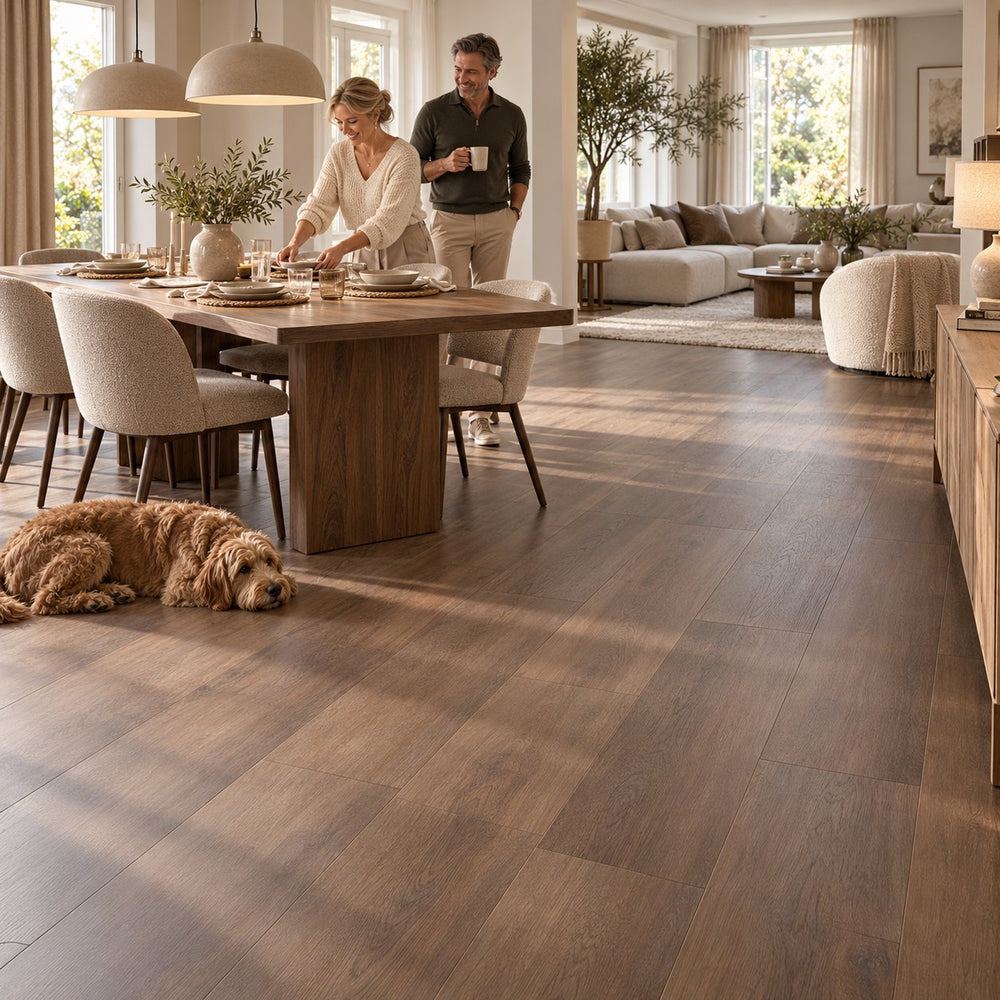 Altessa Rechte Plank Brown Plak PVC in een Nederlands interieur